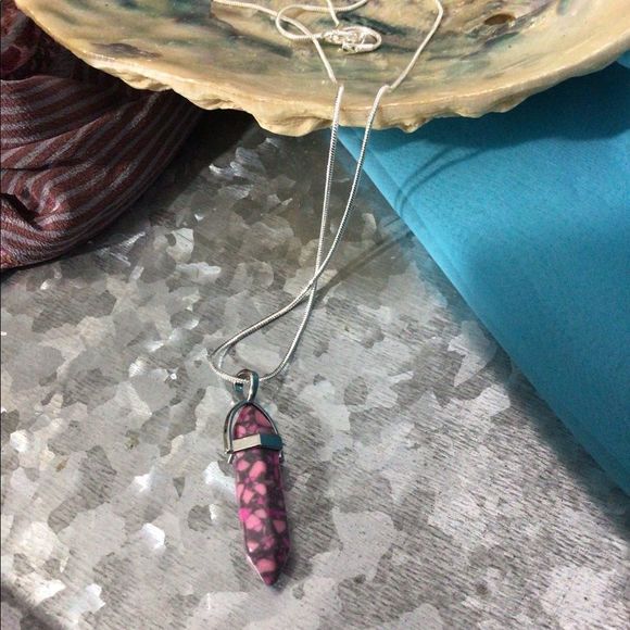 NWT Natural Gemstone 18”Chain & Pendant Pointed Chakra Hexagon Pink Gray - Picture 12 of 13
